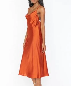Show Me Your Mumu Wedding Guest Dresses Verona Cowl Dress ~ Burnt Orange Luxe Satin