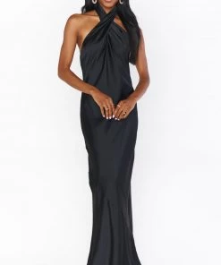 Show Me Your Mumu Jasmine Halter Maxi Dress ~ Black Luxe Satin