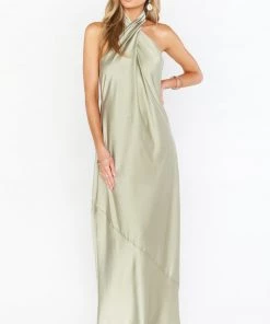 Show Me Your Mumu Jasmine Halter Maxi Dress ~ Moss Green Luxe Satin
