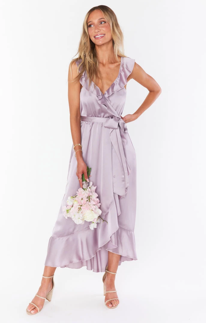 Show Me Your Mumu Bridesmaids Dresses Samantha Ruffle Wrap Dress ~ Dusty Purple Luxe Satin 6 Show Me Your Mumu Bridesmaids Dresses Samantha Ruffle Wrap Dress ~ Dusty Purple Luxe Satin