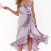 Show Me Your Mumu Bridesmaids Dresses Samantha Ruffle Wrap Dress ~ Dusty Purple Luxe Satin