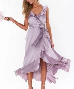 Show Me Your Mumu Bridesmaids Dresses Samantha Ruffle Wrap Dress ~ Dusty Purple Luxe Satin