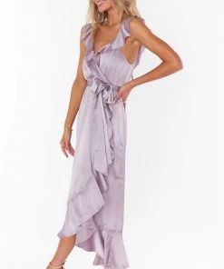 Show Me Your Mumu Bridesmaids Dresses Samantha Ruffle Wrap Dress ~ Dusty Purple Luxe Satin