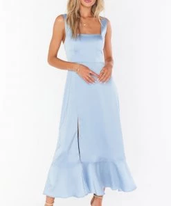 Show Me Your Mumu Claire Midi Dress ~ Steel Blue Luxe Satin