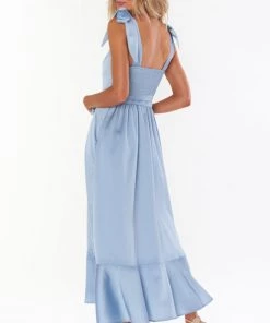 Show Me Your Mumu Claire Midi Dress ~ Steel Blue Luxe Satin