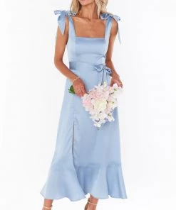 Show Me Your Mumu Claire Midi Dress ~ Steel Blue Luxe Satin