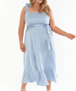 Show Me Your Mumu Claire Midi Dress ~ Steel Blue Luxe Satin