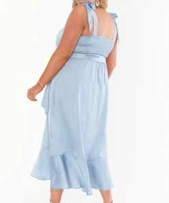Show Me Your Mumu Claire Midi Dress ~ Steel Blue Luxe Satin