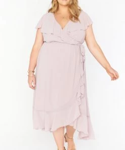 Show Me Your Mumu Dresses Jess Ruffle Midi Dress ~ Neutral Mauve Chiffon