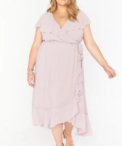Show Me Your Mumu Dresses Jess Ruffle Midi Dress ~ Neutral Mauve Chiffon