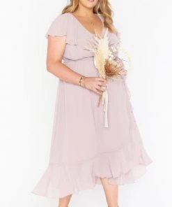 Show Me Your Mumu Dresses Jess Ruffle Midi Dress ~ Neutral Mauve Chiffon