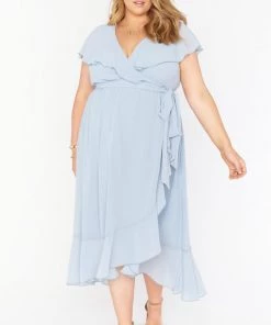 Show Me Your Mumu Jess Ruffle Midi Dress ~ Steel Blue Chiffon