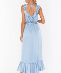 Show Me Your Mumu Samantha Ruffle Wrap Dress ~ Steel Blue Luxe Satin Bridesmaids Dresses