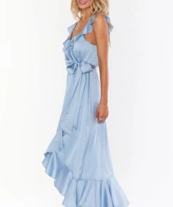 Show Me Your Mumu Samantha Ruffle Wrap Dress ~ Steel Blue Luxe Satin Bridesmaids Dresses