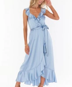 Show Me Your Mumu Samantha Ruffle Wrap Dress ~ Steel Blue Luxe Satin Bridesmaids Dresses