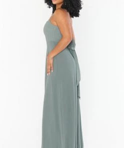 Show Me Your Mumu Bridesmaids Dresses Lauren Tie Maxi Dress ~ Deep Sage Chiffon