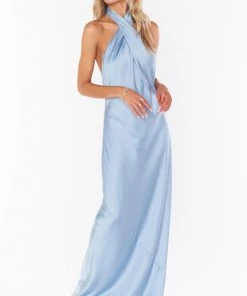 Show Me Your Mumu Jasmine Halter Maxi Dress ~ Steel Blue Luxe Satin