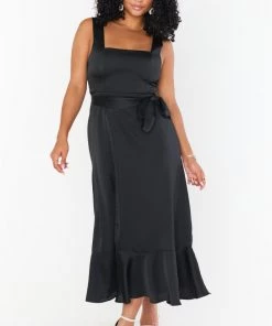 Show Me Your Mumu New Mu Claire Midi Dress ~ Black Luxe Satin