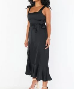 Show Me Your Mumu New Mu Claire Midi Dress ~ Black Luxe Satin