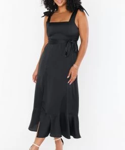 Show Me Your Mumu New Mu Claire Midi Dress ~ Black Luxe Satin