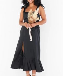 Show Me Your Mumu New Mu Claire Midi Dress ~ Black Luxe Satin