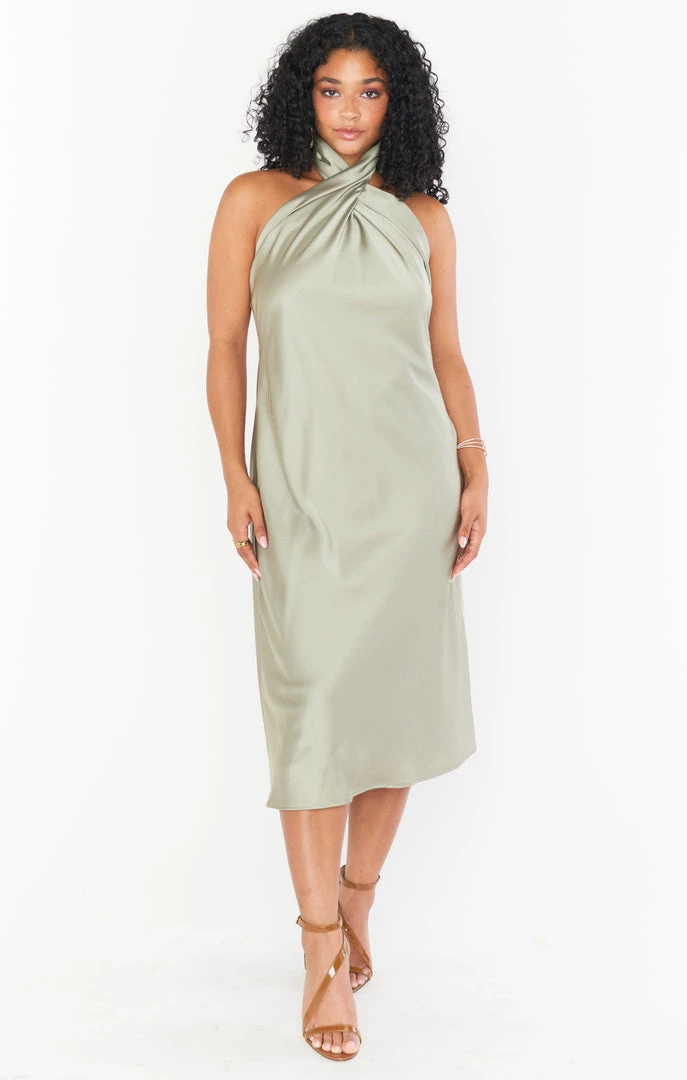 Show Me Your Mumu Jasmine Halter Midi Dress ~ Moss Green Luxe Satin 3 Show Me Your Mumu Jasmine Halter Midi Dress ~ Moss Green Luxe Satin