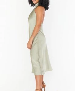 Show Me Your Mumu Jasmine Halter Midi Dress ~ Moss Green Luxe Satin