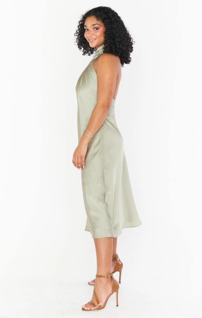 Show Me Your Mumu Jasmine Halter Midi Dress ~ Moss Green Luxe Satin 4 Show Me Your Mumu Jasmine Halter Midi Dress ~ Moss Green Luxe Satin