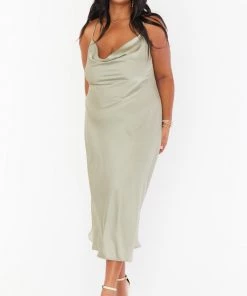 Show Me Your Mumu Verona Cowl Dress ~ Moss Green Luxe Satin