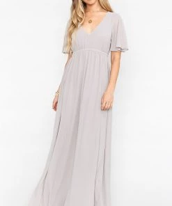 Show Me Your Mumu Bridesmaids Dresses Emily Empire Maxi Dress ~ Dove Grey Chiffon