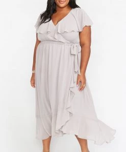 Show Me Your Mumu Jess Ruffle Midi Dress ~ Dove Grey Chiffon Dresses