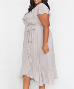 Show Me Your Mumu Jess Ruffle Midi Dress ~ Dove Grey Chiffon Dresses