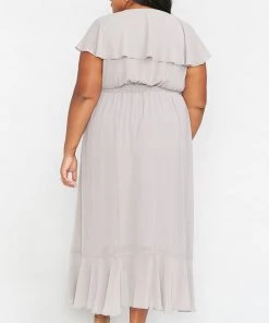 Show Me Your Mumu Jess Ruffle Midi Dress ~ Dove Grey Chiffon Dresses