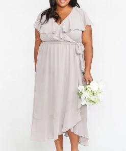 Show Me Your Mumu Jess Ruffle Midi Dress ~ Dove Grey Chiffon Dresses