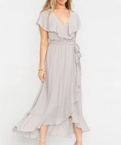 Show Me Your Mumu Jess Ruffle Midi Dress ~ Dove Grey Chiffon Dresses