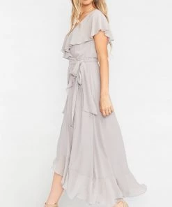 Show Me Your Mumu Jess Ruffle Midi Dress ~ Dove Grey Chiffon Dresses