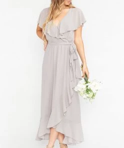 Show Me Your Mumu Jess Ruffle Midi Dress ~ Dove Grey Chiffon Dresses