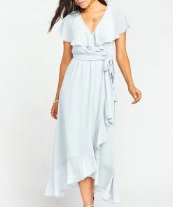 Show Me Your Mumu Dresses Jess Ruffle Midi Dress ~ Icy Blue Chiffon