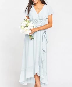 Show Me Your Mumu Dresses Jess Ruffle Midi Dress ~ Icy Blue Chiffon