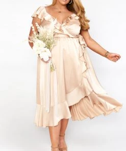 Show Me Your Mumu Samantha Ruffle Wrap Dress ~ Champagne Luxe Satin Dresses 38 Show Me Your Mumu Samantha Ruffle Wrap Dress ~ Champagne Luxe Satin Dresses