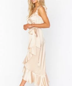 Show Me Your Mumu Samantha Ruffle Wrap Dress ~ Champagne Luxe Satin Dresses