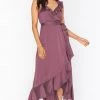 Show Me Your Mumu Samantha Ruffle Wrap Dress ~ Dusty Plum Luxe Satin