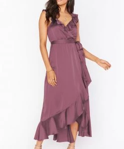 Show Me Your Mumu Samantha Ruffle Wrap Dress ~ Dusty Plum Luxe Satin