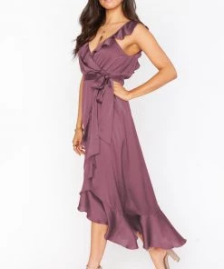 Show Me Your Mumu Samantha Ruffle Wrap Dress ~ Dusty Plum Luxe Satin