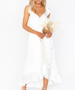 Show Me Your Mumu Samantha Ruffle Wrap Dress ~ Ivory Luxe Satin