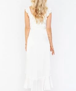 Show Me Your Mumu Samantha Ruffle Wrap Dress ~ Ivory Luxe Satin