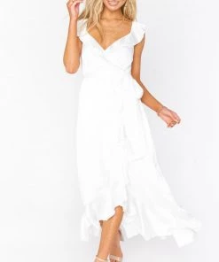 Show Me Your Mumu Samantha Ruffle Wrap Dress ~ Ivory Luxe Satin