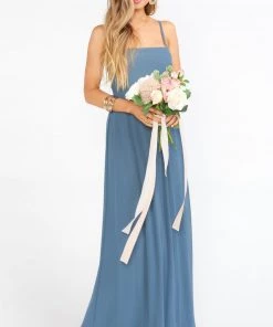 Show Me Your Mumu Bridesmaids Dresses Lauren Tie Maxi Dress ~ Slate Blue Chiffon