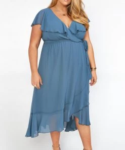 Show Me Your Mumu Dresses Jess Ruffle Midi Dress ~ Slate Blue Chiffon 23 Show Me Your Mumu Dresses Jess Ruffle Midi Dress ~ Slate Blue Chiffon