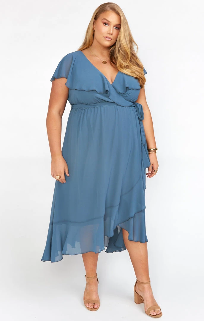 Show Me Your Mumu Dresses Jess Ruffle Midi Dress ~ Slate Blue Chiffon 8 Show Me Your Mumu Dresses Jess Ruffle Midi Dress ~ Slate Blue Chiffon